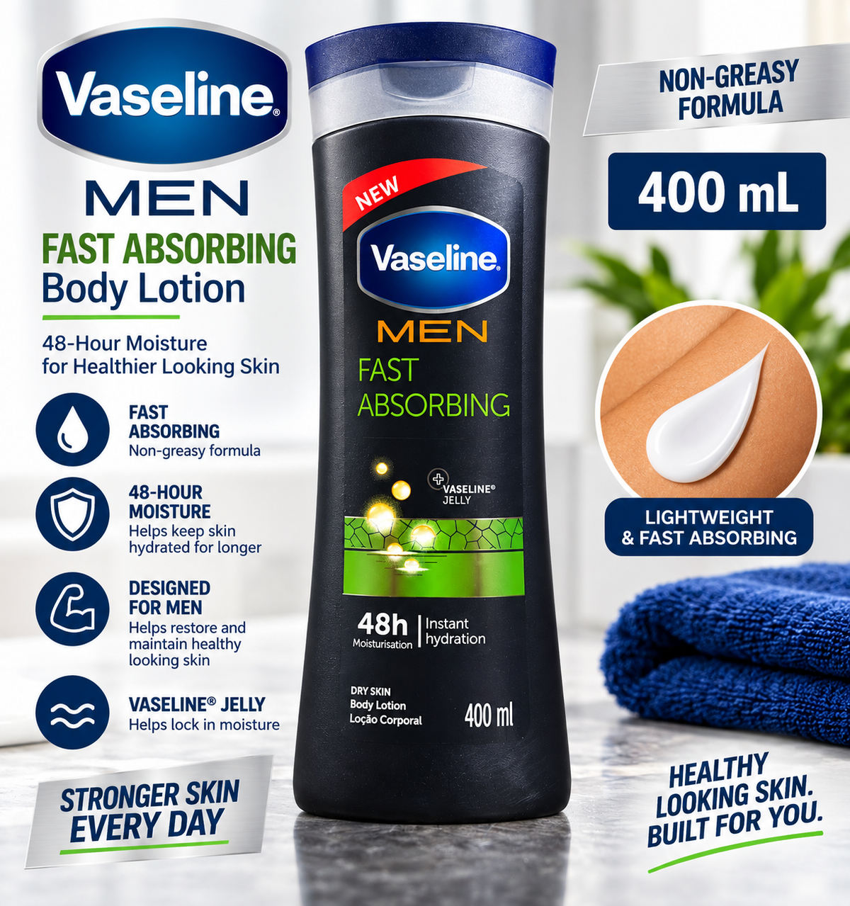 Vaseline Men Fast Absorbing Body Lotion – 400 mL (13.5 fl oz)