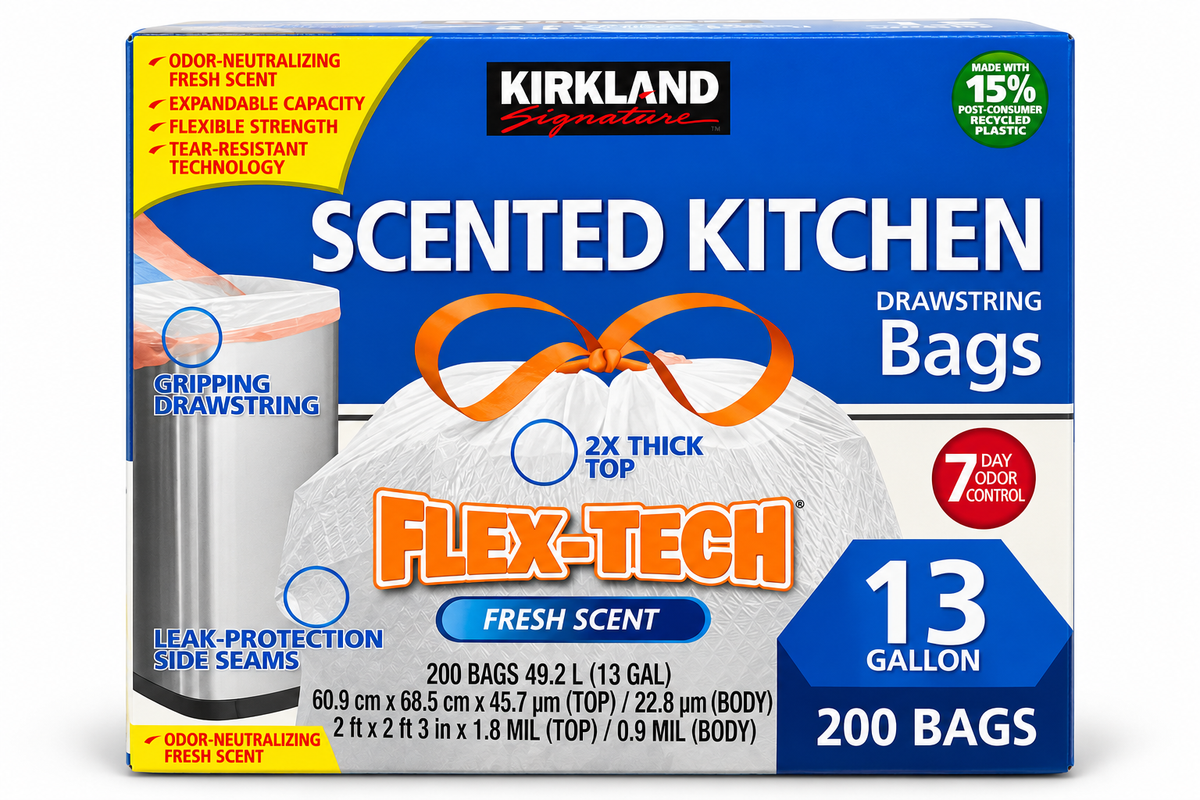 Kirkland Signature Scented Kitchen Drawstring Bags – 13 Gallon, 200 Bags