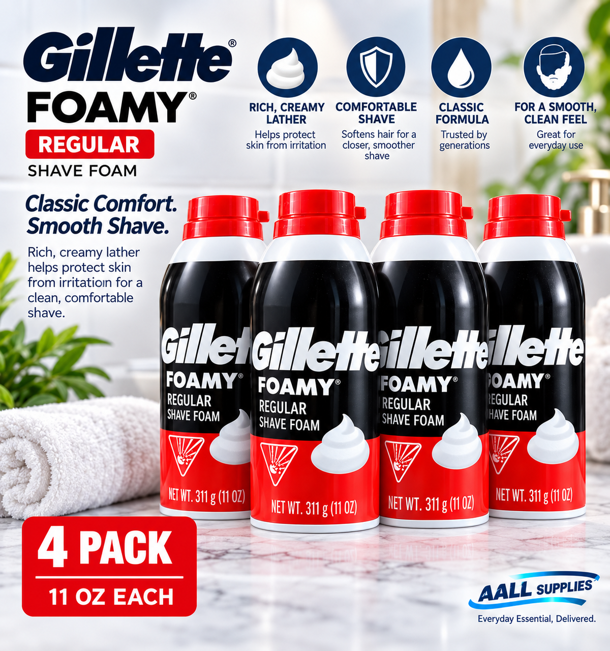 Gillette Foamy Regular Shave Foam – 11 oz – 4 Pack