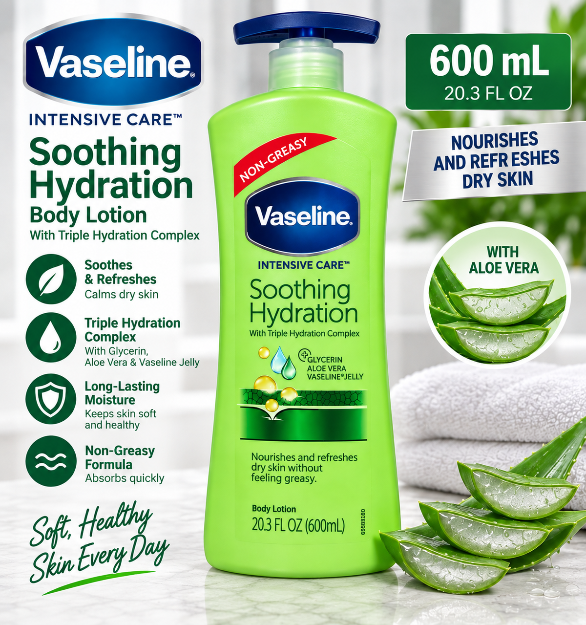 Vaseline Intensive Care Soothing Hydration Body Lotion with Aloe Vera – 20.3 fl oz (600 mL)